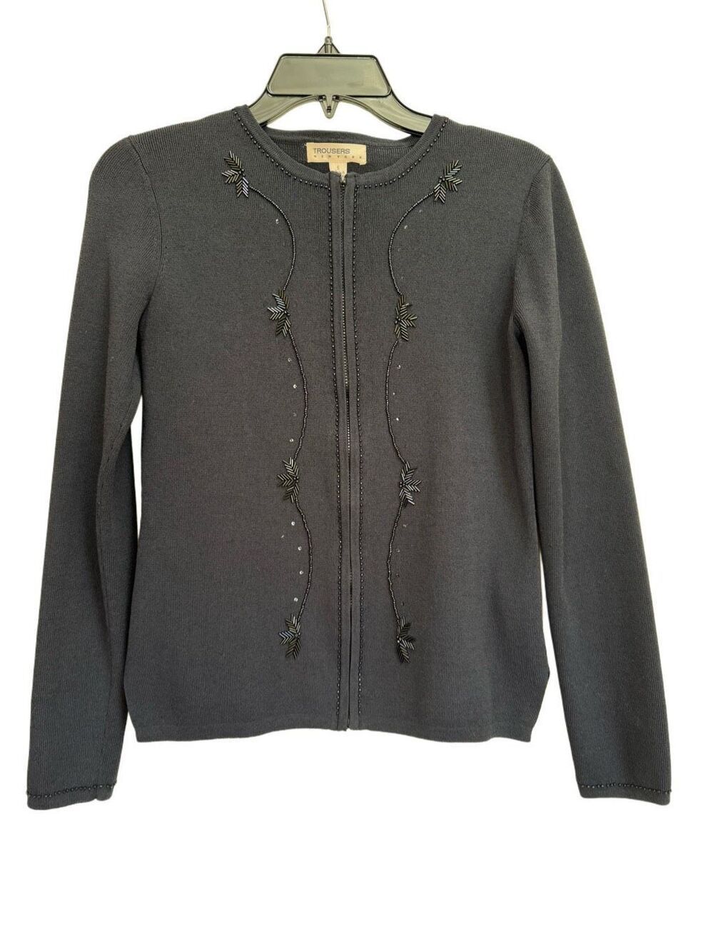 Trousers New York women’s small black zip up beaded knit sweater coat jacket car